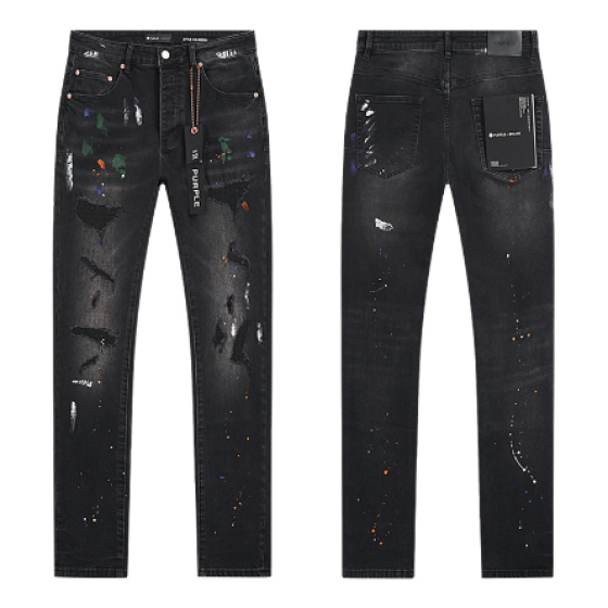 Black Washed Slim Denim Jeans with Multicolor Paint Splatter and Heavy Distressing